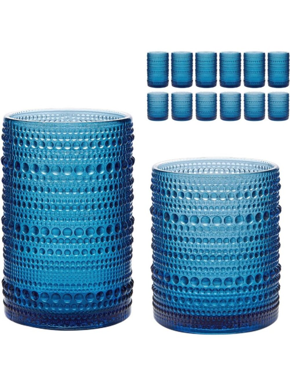Vintage Hobnail Drinking Glasses Set of 12 - 12oz & 15oz Cocktail Tumblers, Blue